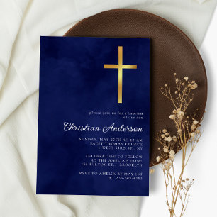 Elegant Royal Blue Watercolor Baptism Boy Invitation