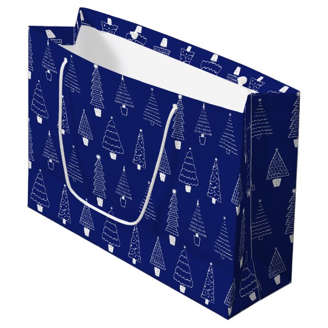 Elegant Royal Blue White Christmas Pine Tree Large Gift Bag (Front Angled)