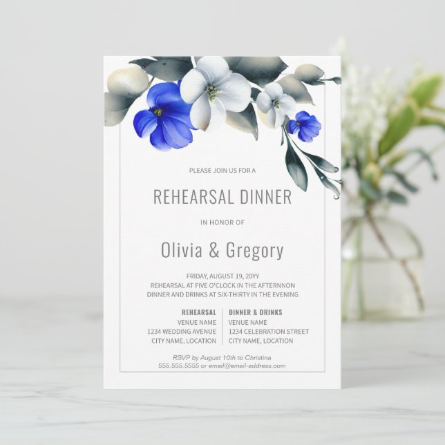Elegant Royal Blue White Floral Rehearsal Dinner Invitation (Standing Front)