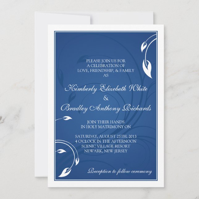 Elegant Royal Blue White Floral Wedding Invitation (Front)