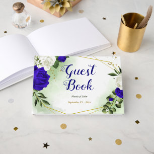 elegant royal blue white flowers geometric wedding guest book