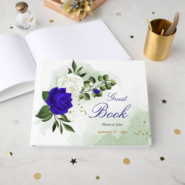 elegant royal blue white flowers greenery wedding guest book (Front Open)