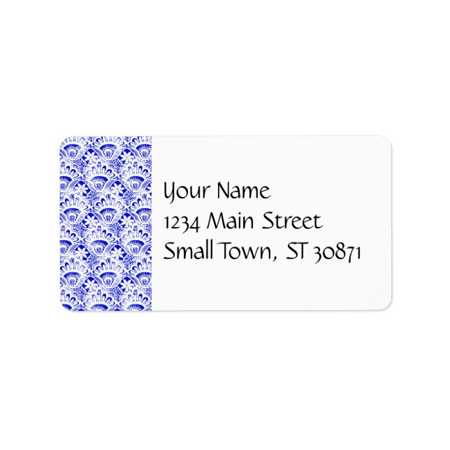 Elegant Royal Blue White Lace Damask Pattern Label (Front)