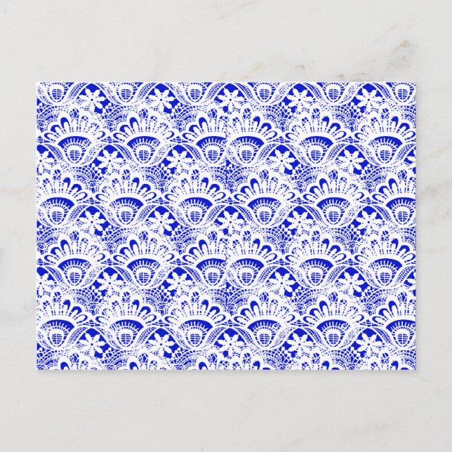 Elegant Royal Blue White Lace Damask Pattern Postcard (Front)