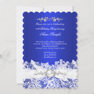 Elegant Royal Blue White Lace Jewel Bow Birthday Invitation