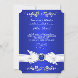 Elegant Royal Blue White Pearl Jewel Bow Birthday Invitation