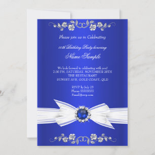 Elegant Royal Blue White Pearl Jewel Bow Birthday Invitation