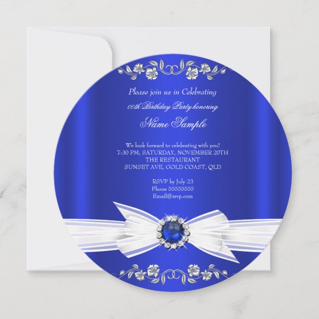 Elegant Royal Blue White Pearl Jewel Bow Birthday Invitation (Front)