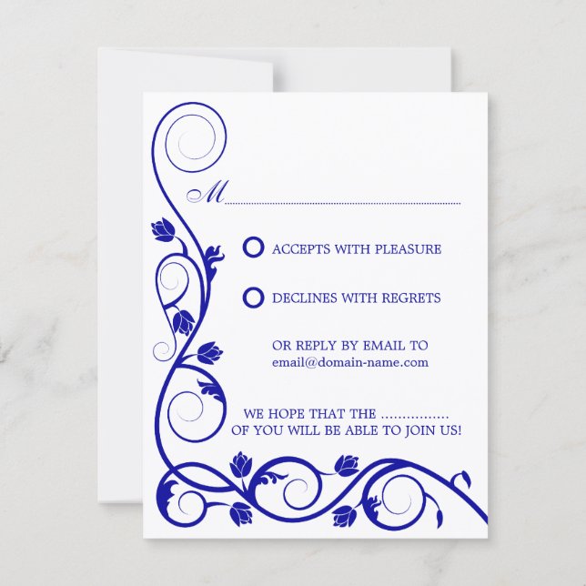Elegant Royal Blue White Swirls RSVP / Reply Card (Back)