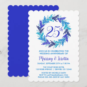 Elegant Royal Blue Wreath 25th Wedding Anniversary Invitation
