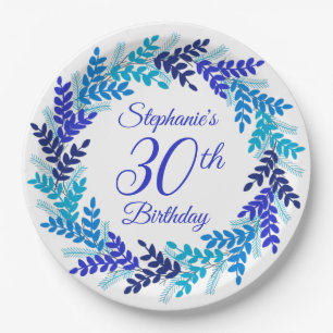 Elegant Royal Blue Wreath 30th Birthday Paper Plate