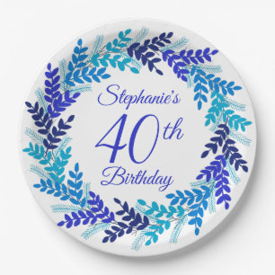 Elegant Royal Blue Wreath 40th Birthday Paper Plate
