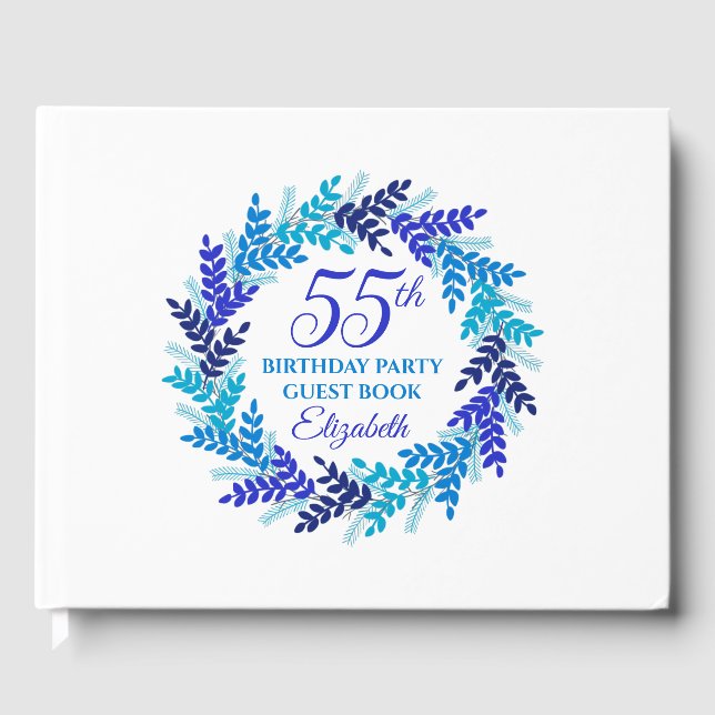 Elegant Royal Blue Wreath 55th Birthday Party Guest Book (Front)