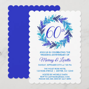 Elegant Royal Blue Wreath 60th Wedding Anniversary Invitation