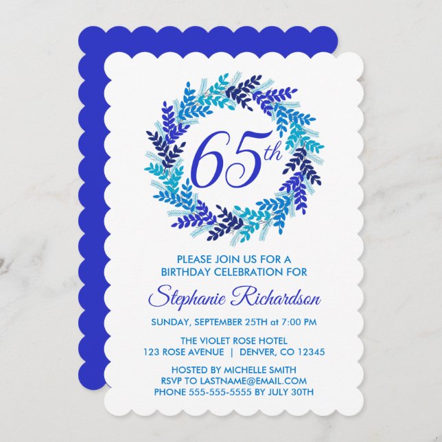 Elegant Royal Blue Wreath 65th Birthday Invitation (Front/Back)