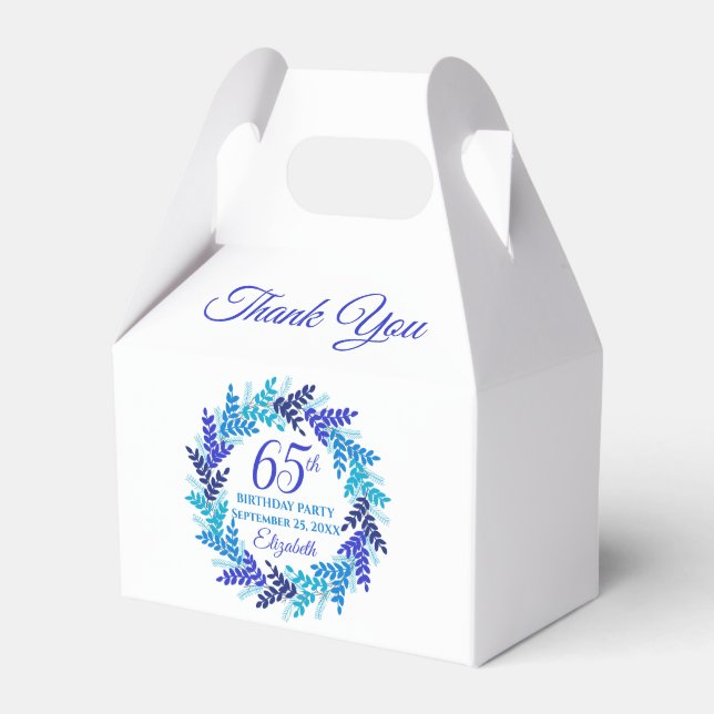 Elegant Royal Blue Wreath 65th Birthday Party Favour Box (Front Side)