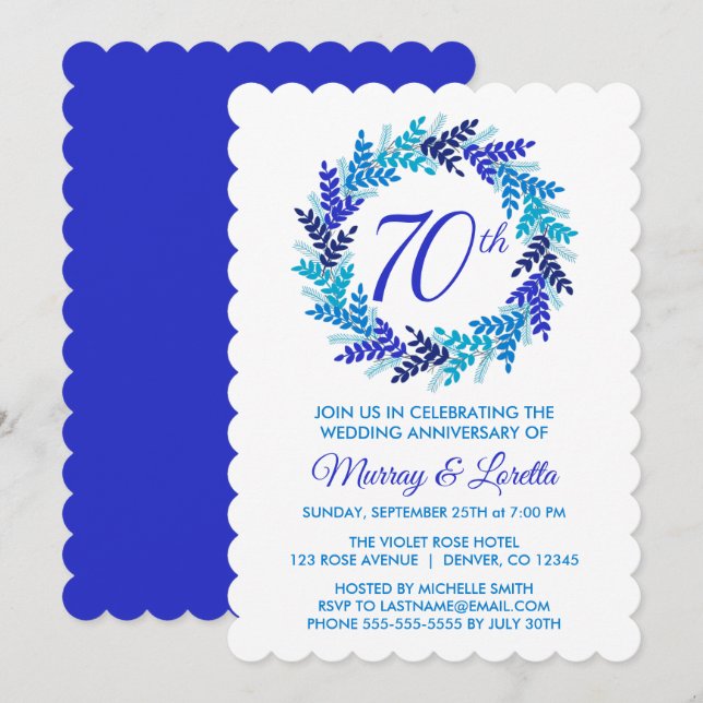 Elegant Royal Blue Wreath 70th Wedding Anniversary Invitation (Front/Back)