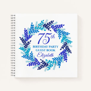 Elegant Royal Blue Wreath 75th Birthday Party Notebook