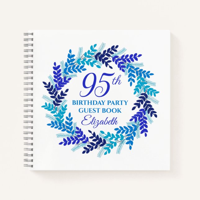 Elegant Royal Blue Wreath 95th Birthday Party Notebook (Front)