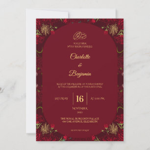 Elegant Royal Burgundy Gold Rings Wedding Invitation