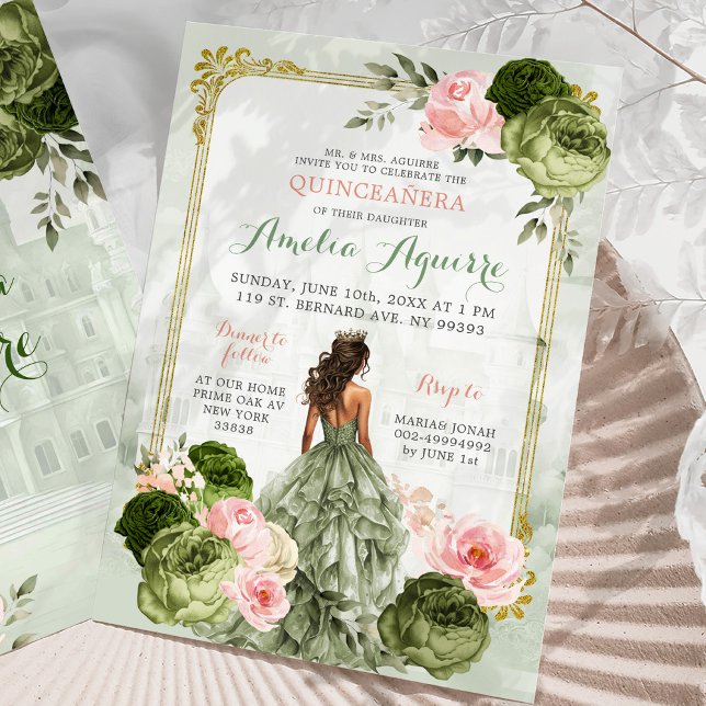 Elegant Royal Castle Blush Pink Sage Green 15 Años Invitation (Creator Uploaded)