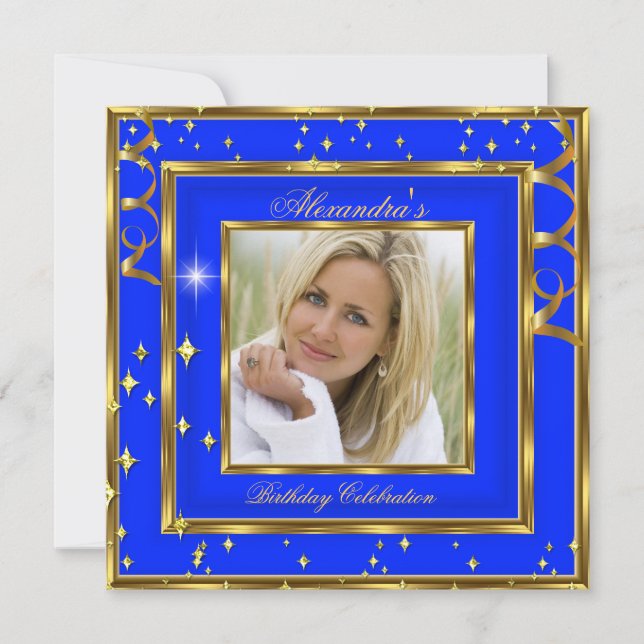 Elegant Royal Cobalt Blue Gold Photo Birthday Invitation (Front)