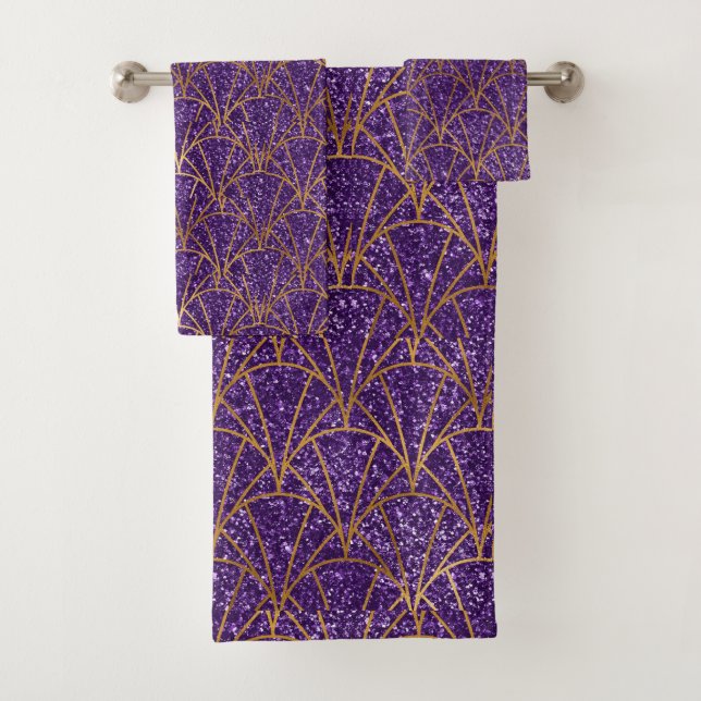 Elegant Royal Deco Purple Glitter Gold Geometic Bath Towel Set (Insitu)
