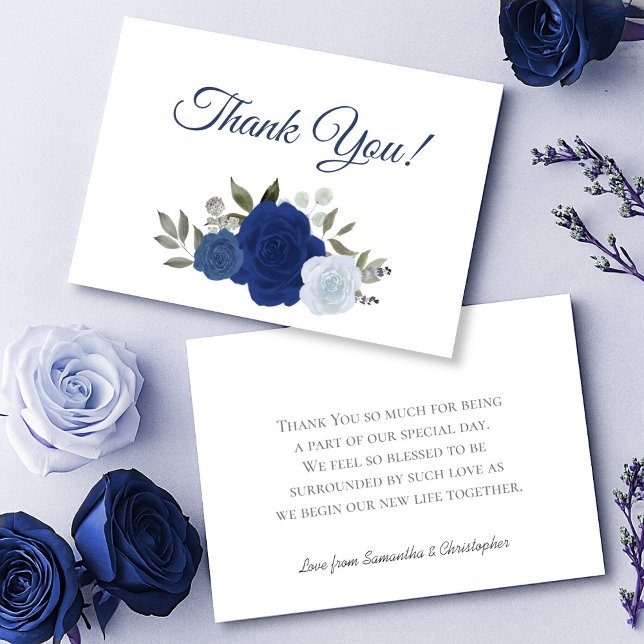 Elegant Royal & Dusty Blue Boho Chic Roses Wedding Thank You Card (Front/Back)