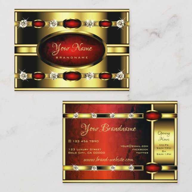 Elegant Royal Gold and Red Marble with Diamonds Business Card (Front/Back)