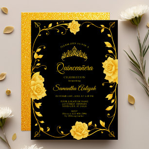 Elegant Royal Golden Floral Quinceañera Invitation