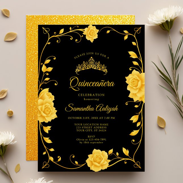 Elegant Royal Golden Floral Quinceañera Invitation (Creator Uploaded)