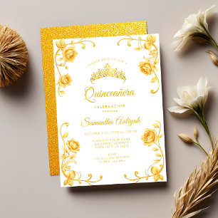 Elegant Royal Golden Floral Quinceañera Invitation