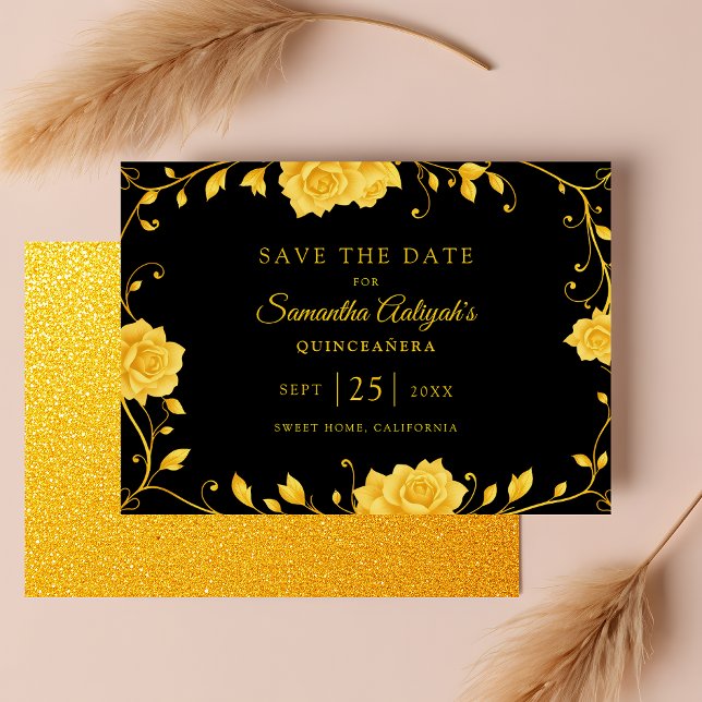 Elegant Royal Golden Floral Quinceanera Save The Date (Creator Uploaded)