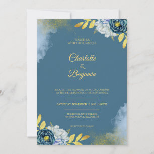 Elegant Royal Navy Blue Gold Floral Wedding Invitation