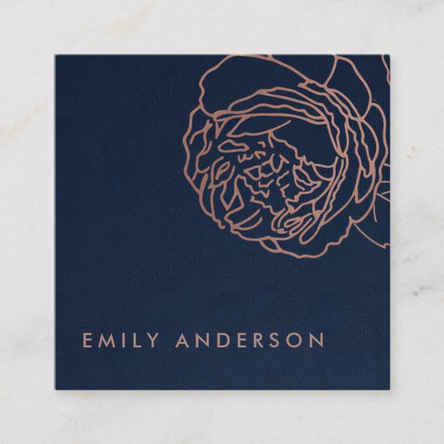 ELEGANT ROYAL NAVY BLUSH PINK ROSE GOLD FLORAL SQUARE BUSINESS CARD (Front)