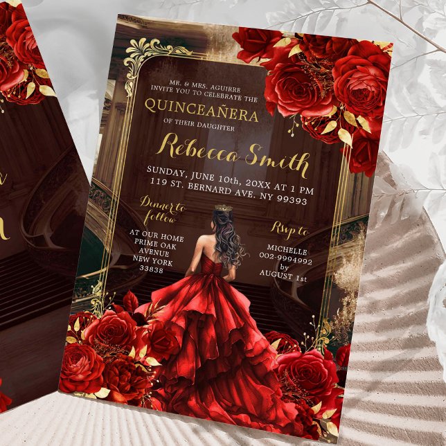 Elegant Royal Palace Bright Red Roses Quinceañera Invitation (Creator Uploaded)