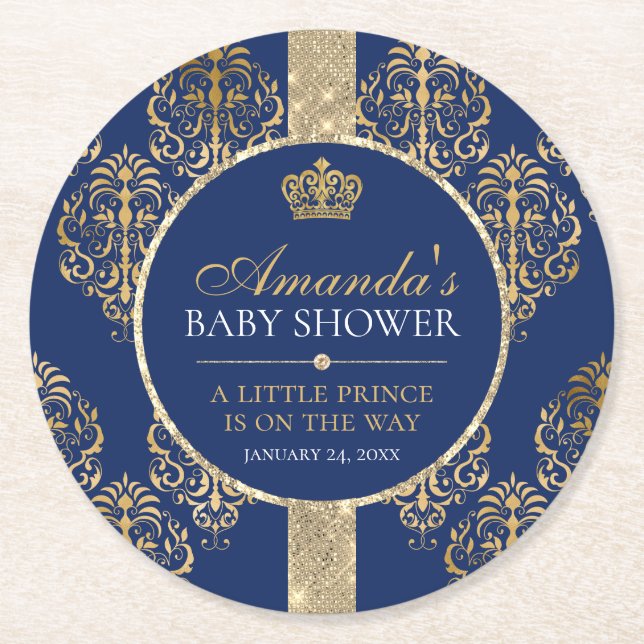 Elegant Royal Prince Baby Shower Round Paper Coaster (Front)
