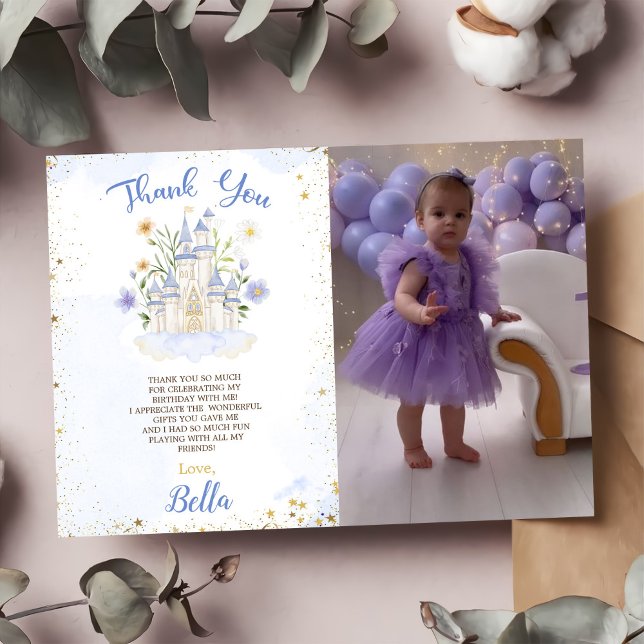 Elegant Royal Princess Castle Birthday Party Photo Thank You Card (Creator Uploaded)