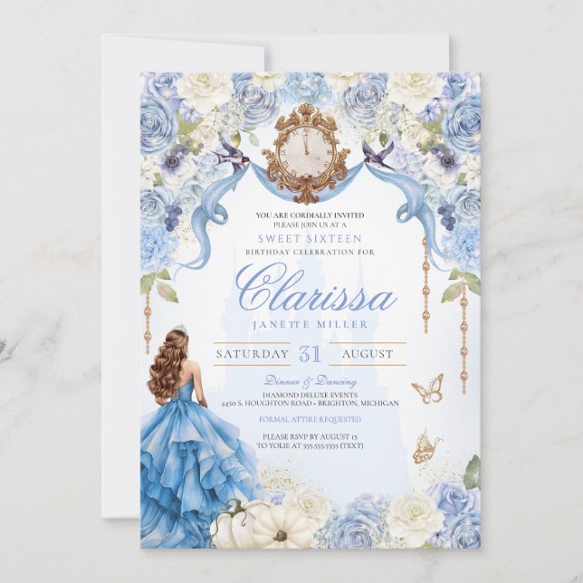 Elegant Royal Princess Light Blue Sweet 16 Invitation (Front)