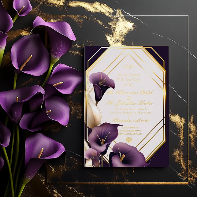 Elegant Royal Purple and Gold Calla Lily Wedding  (Modern Sleek Royal Purple Calla Lily Gold Foil Script Wedding Invitation )