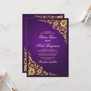 Elegant Royal Purple and Gold Floral Wedding Invitation