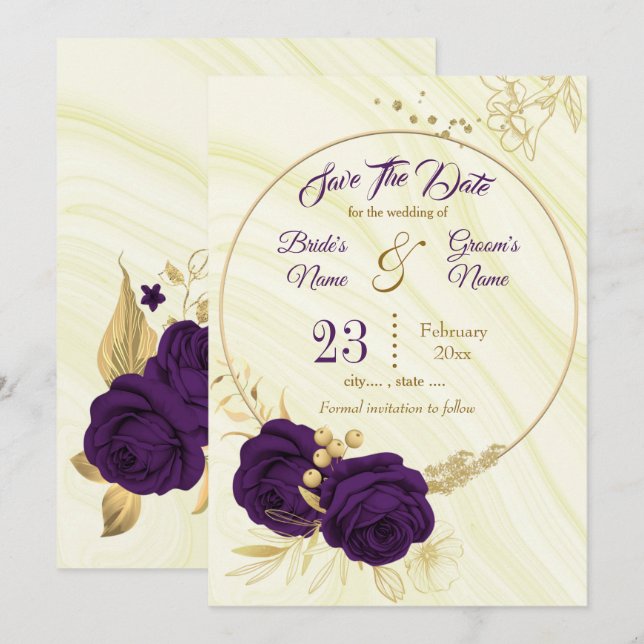 elegant royal purple gold floral save the date (Front/Back)