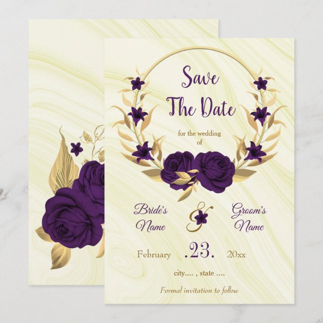 elegant royal purple gold floral wreath save the date (Front/Back)