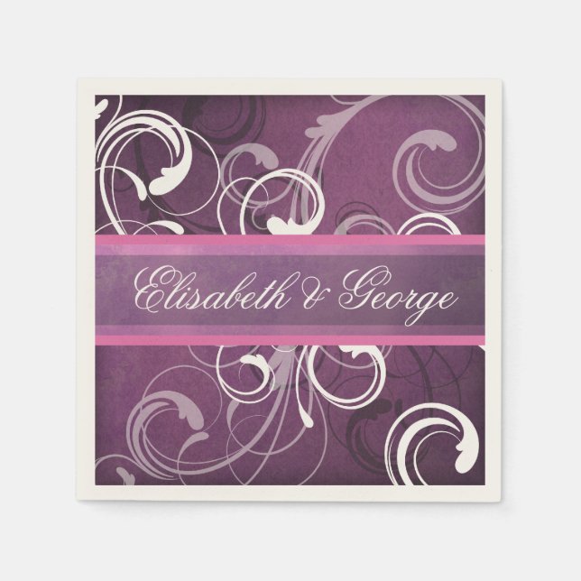 Elegant Royal Purple Grunge Damask Swirls Wedding Napkin (Front)