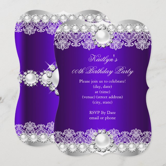 Elegant Royal Purple Lace Pearl Birthday Party Invitation (Front/Back)