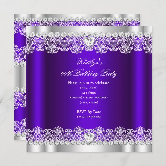 Elegant Royal Purple Lace Silk Birthday Party Invitation (Front/Back)