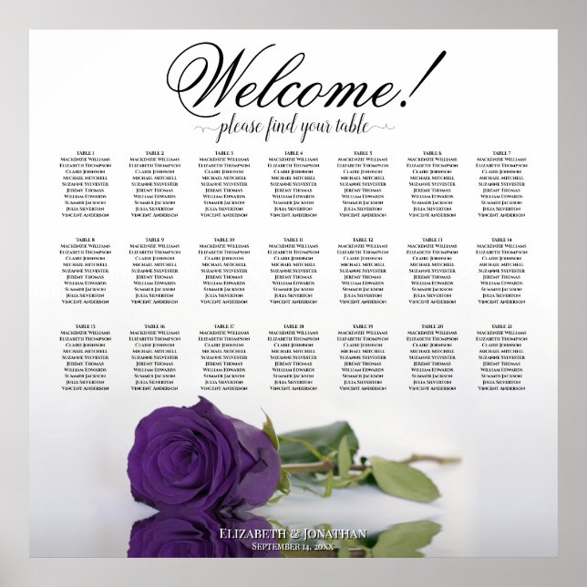 Elegant Royal purple Rose 21 Table Seating Chart (Front)