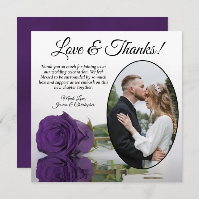 Elegant Royal Purple Rose Oval Photo Wedding Thank You Card (Front/Back)