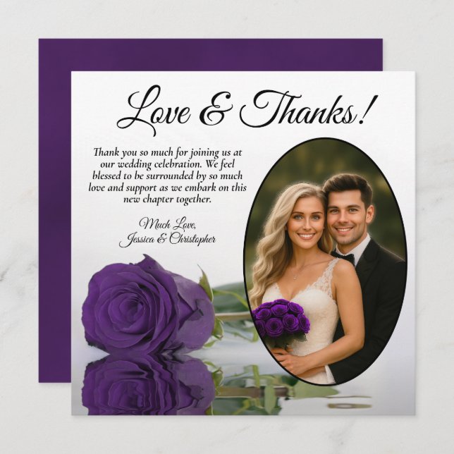 Elegant Royal Purple Rose Oval Photo Wedding Thank You Card (Front/Back)