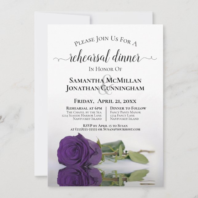 Elegant Royal Purple Rose Wedding Rehearsal Invitation (Front)
